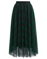 Bold Checks Double-Layered Mesh Midi Skirt in Green