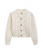 Euphoric Pom-Pom Waffle Knit Crop Cardigan in Ivory