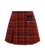 Bowknot Decorated Plaid Mini Skirt in Red