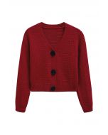 Stitch Rose Buttoned Crop Knit Cardigan in Red