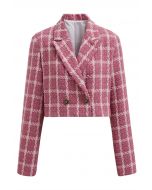 Check Tweed Padded Shoulder Cropped Blazer in Pink