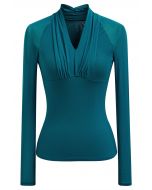 Ruched V-Neck Double-Layered Mesh Top in Teal