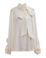 Bowknot Neckline Rose Cuff Sheer Top in Cream