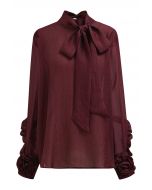 Bowknot Neckline Rose Cuff Sheer Top in Burgundy