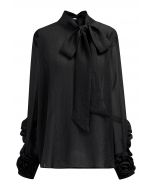 Bowknot Neckline Rose Cuff Sheer Top in Black