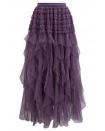 Ruffle Panelled Mesh Tulle Midi Skirt in Purple