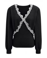 Lace Trim V-Neck Knit Top in Black