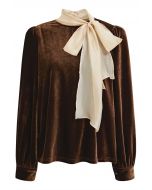 Organza Self-Tie Bowknot Velvet Top in Brown