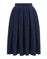 Fringed Zigzag Box Pleat Midi Skirt in Navy