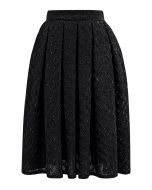 Fringed Zigzag Box Pleat Midi Skirt in Black