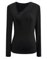 Oblique Ruched Neckline Fitted Top in Black