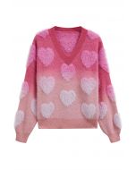 Ombre Fuzzy Heart Fringe Knit Sweater in Pink