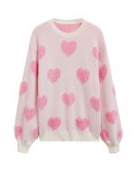 Contrast Fuzzy Heart Crew Neck Knit Sweater in Light Pink