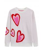 Heart Fluttering Crew Neck Knit Sweater in White