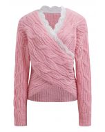 Lace Trim Crisscross Cable-Knit Sweater in Pink