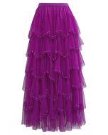 Ethereal Tiered Pearl Tulle Maxi Skirt in Violet