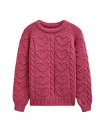 Embossed Heart Cable Knit Sweater in Berry