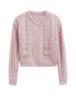 Heart Button Hollow Out Crop Knit Cardigan in Pink