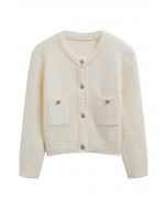 Patch Pocket Buttoned Waffle Knit Cardigan in Ivory