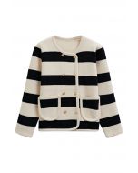 Striped Double-Breasted Patch Pocket Knit Cardigan