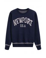 Newport Letter Crew Neck Oversized Knit Sweater in Navy