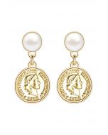 Vintage Gold Coin Pearl Drop Eearrings