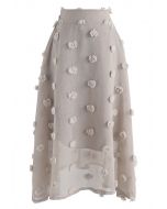 Falda con flores 3D transparentes de algodón de azúcar en marrón topo